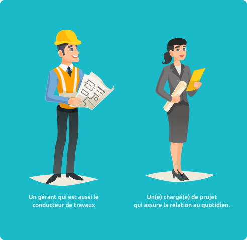Un gérant qui est aussi le conducteur de travaux. Un(e) chargé(e) de projet qui assure la relation au quotidien.